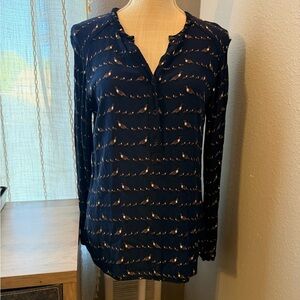 Women's Navy Blue Bird-Print Long Sleeve Blouse